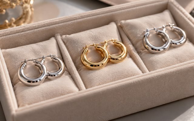 Editorial illustration: Hollow-style hoop earrings individually supported in separate soft packaging compartments