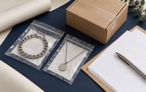 Protected jewelry and a shipping carton beside blank commercial paperwork