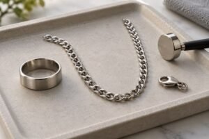 Illustrative scene: Plain stainless steel ring, chain and clasp separated on a neutral tray with a small handheld magnet nearby, no labels or people.