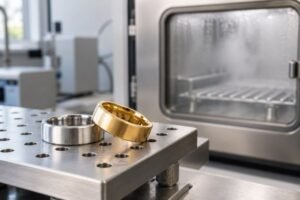 Illustrative scene: Two stainless steel rings, one silver and one gold-tone, on a laboratory specimen holder beside an out-of-focus neutral corrosion chamber, no rust exaggeration, no readable gauges.