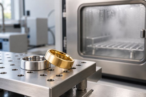 Illustrative scene: Two stainless steel rings, one silver and one gold-tone, on a laboratory specimen holder beside an out-of-focus neutral corrosion chamber, no rust exaggeration, no readable gauges.