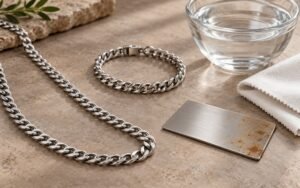Stainless steel jewelry beside a stained reference coupon and cleaning cloth